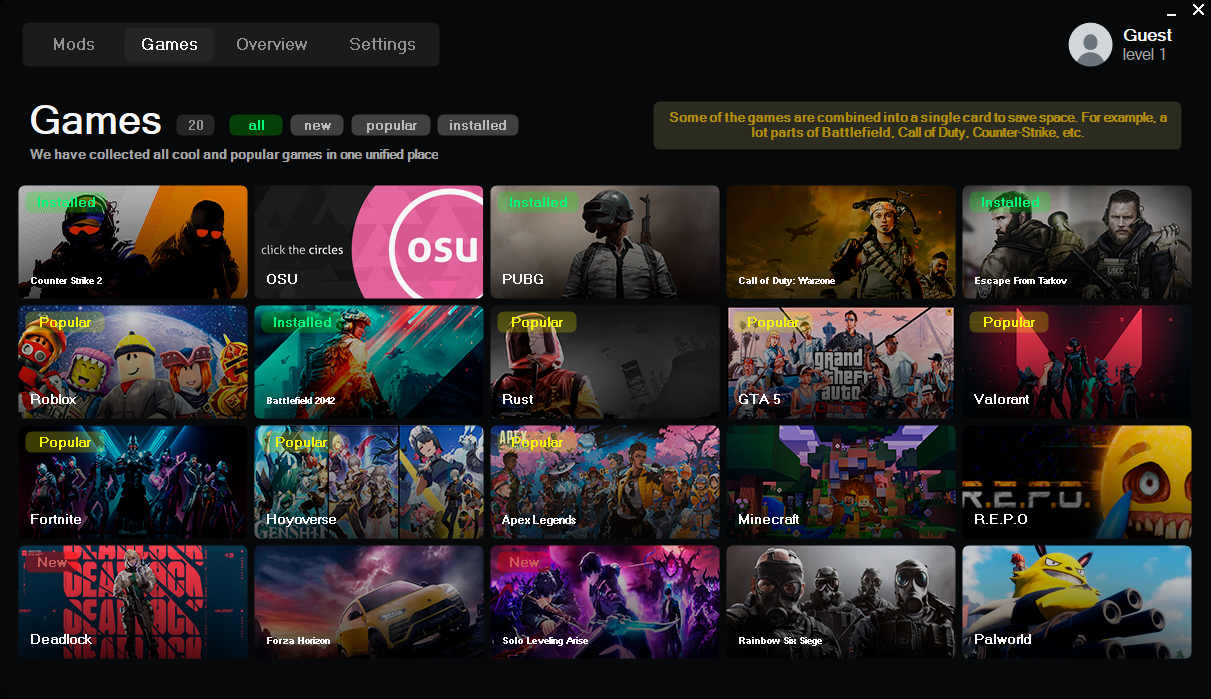 Supported games grid